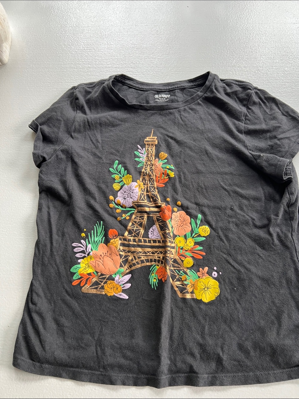 Old Navy Black Tee with Eiffel Tower Floral Motif